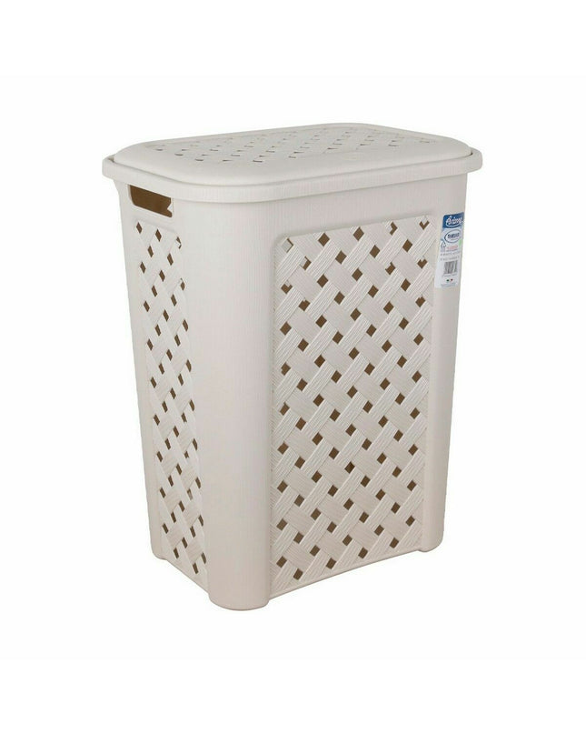 Beige Tontarelli Arianna laundry baskets with lids, 37.5 x 27.5 x 47 cm, set of 6 for home organization and storage.