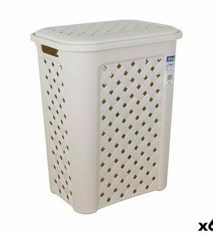 Set of six beige Tontarelli Arianna laundry baskets with lids, measuring 37.5 x 27.5 x 47 cm for home storage and organization.