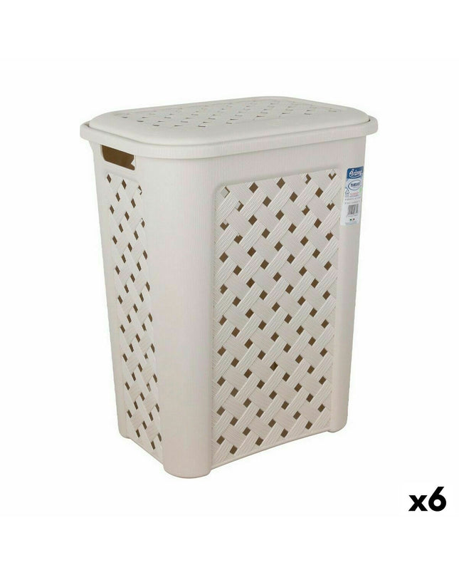 Set of six beige Tontarelli Arianna laundry baskets with lids, measuring 37.5 x 27.5 x 47 cm for home storage and organization.