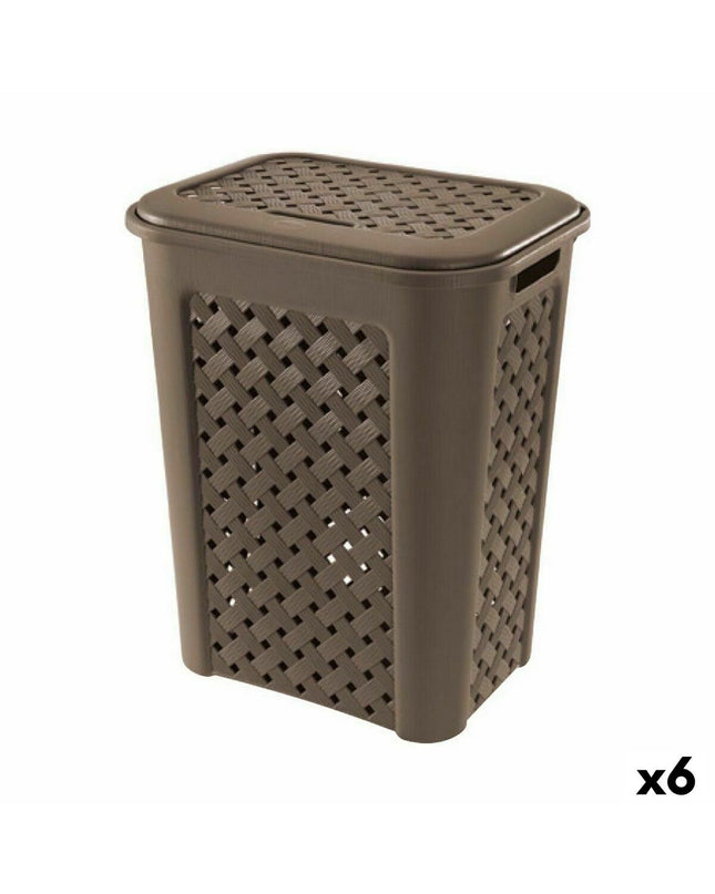 Six Tontarelli Arianna laundry baskets with Wengue lids, measuring 37.5x27.5x47 cm, designed for home storage and organization.