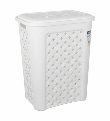 Set of six white Tontarelli Arianna laundry baskets with lids, measuring 37.5 x 27.5 x 47 cm, for home storage and organization.