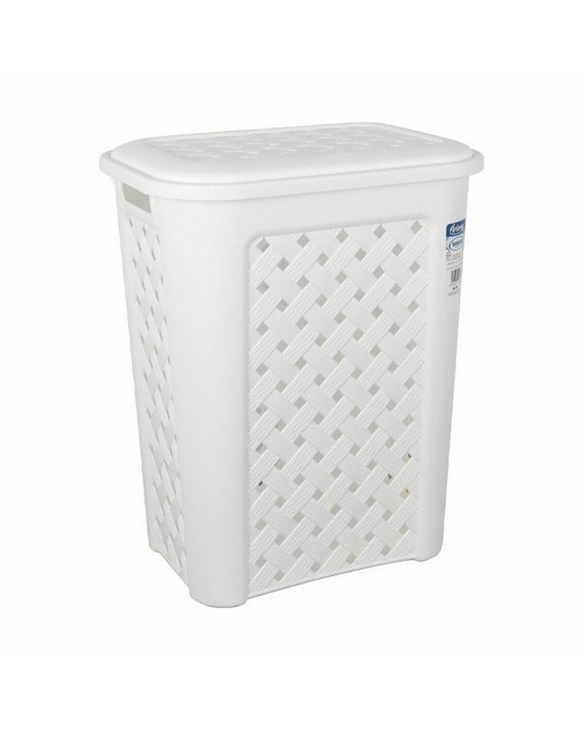 Set of six white Tontarelli Arianna laundry baskets with lids, measuring 37.5 x 27.5 x 47 cm, for home storage and organization.