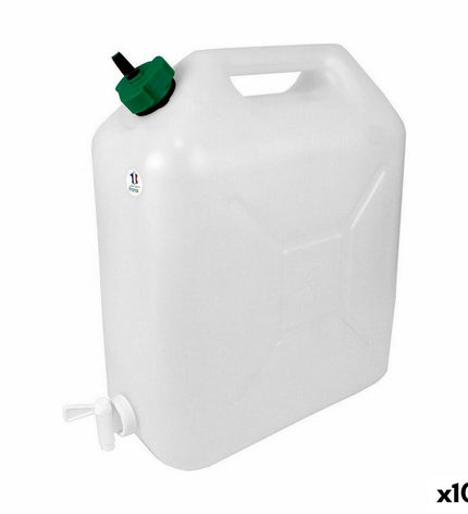 Set of 10 EDA water jugs with faucet, outdoor camping and hiking water containers, measuring 29x15x35 cm, for sports and outdoor use.