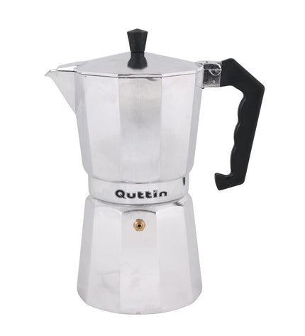 Quttin Italiaanse koffiepot with 9 cups, traditional stovetop design, made for brewing rich coffee, in a home kitchen setting.