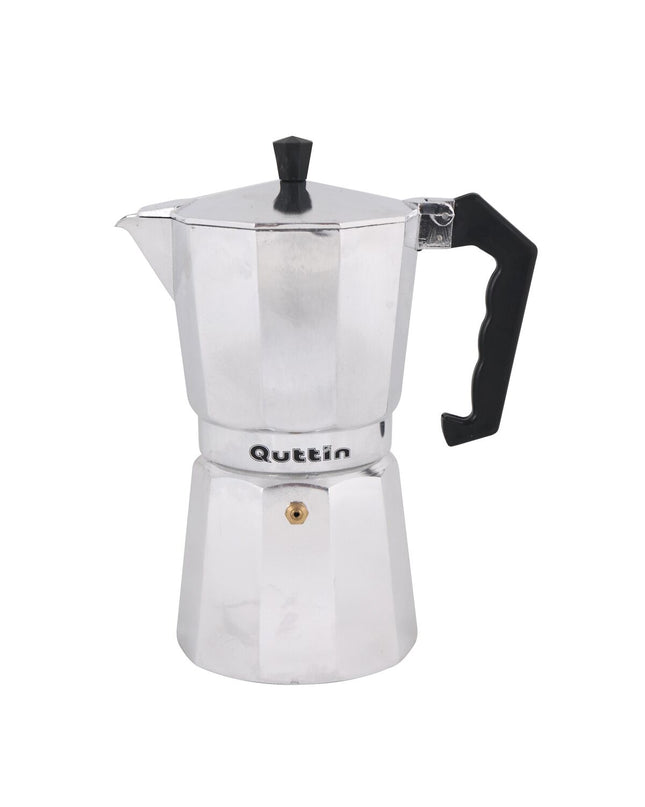 Quttin Italiaanse koffiepot with 9 cups, traditional stovetop design, made for brewing rich coffee, in a home kitchen setting.
