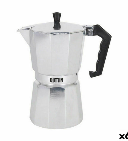 Quttin aluminium Italiaanse koffiepot with 6 cups, traditional moka maker for rich espresso-style coffee in the kitchen.