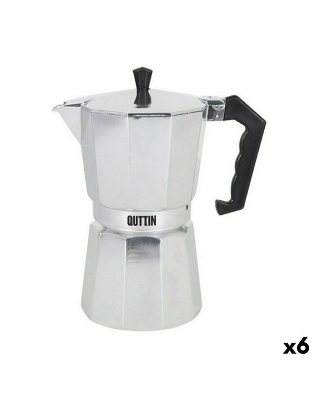 Quttin aluminium Italiaanse koffiepot with 6 cups, traditional moka maker for rich espresso-style coffee in the kitchen.