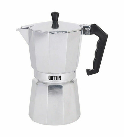 Quttin aluminium Italiaanse koffiepot set with 12 cups, ideal for brewing traditional Italian coffee at home.