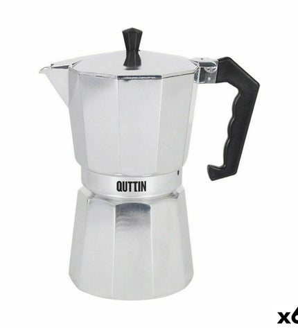 Quttin aluminium Italiaanse koffiepot set with 12 cups, ideal for brewing traditional Italian coffee at home.