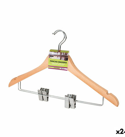 Set of 24 brown wooden Kleerhangerset Confortime with metal clips, ideal for household organization and clothing storage.
