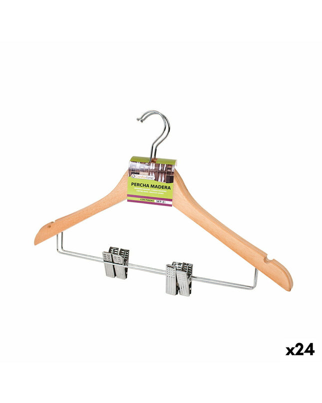 Set of 24 brown wooden Kleerhangerset Confortime with metal clips, ideal for household organization and clothing storage.