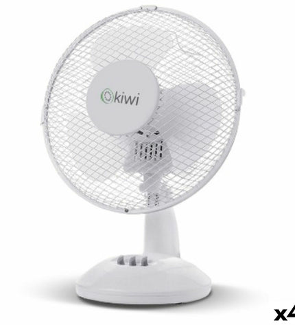 Set of four Kiwi white tabletop fans with 27 cm diameter blades and 21W power, compact and portable for home cooling.