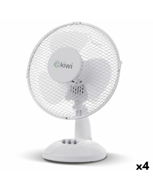 Set of four Kiwi white tabletop fans with 27 cm diameter blades and 21W power, compact and portable for home cooling.