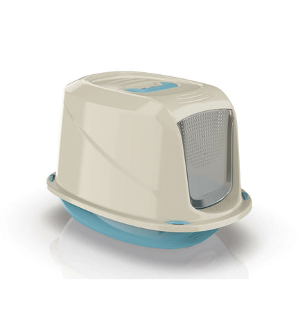 Set of seven Georplast plastic cat litter boxes, measuring 57 x 39.5 x 38 cm, suitable for indoor cat use.