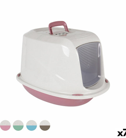 Set of seven Georplast plastic cat litter boxes, 57x39.5x38 cm, with sturdy sides and open tops for easy cleaning.