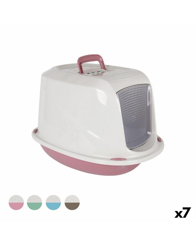 Set of seven Georplast plastic cat litter boxes, 57x39.5x38 cm, with sturdy sides and open tops for easy cleaning.