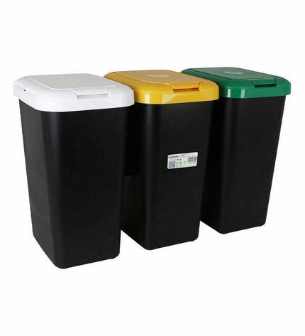 Set of six Tontarelli recycling bins in yellow, white, and green for home organization and waste sorting.