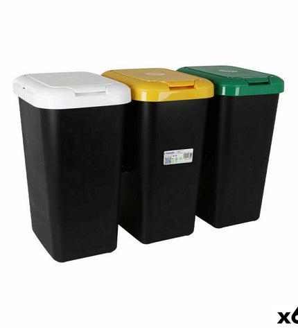 Set of six Tontarelli recycling bins in yellow, white, and green for home organization and waste sorting.