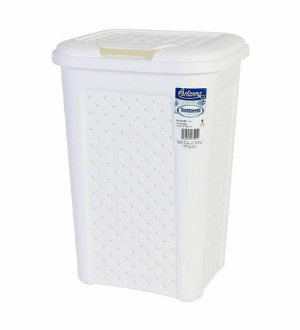Eight white Tontarelli Arianna 10L afvalemmers for household waste storage and organization, shown in a tidy stacking arrangement.