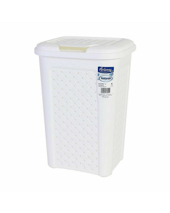 Eight white Tontarelli Arianna 10L afvalemmers for household waste storage and organization, shown in a tidy stacking arrangement.