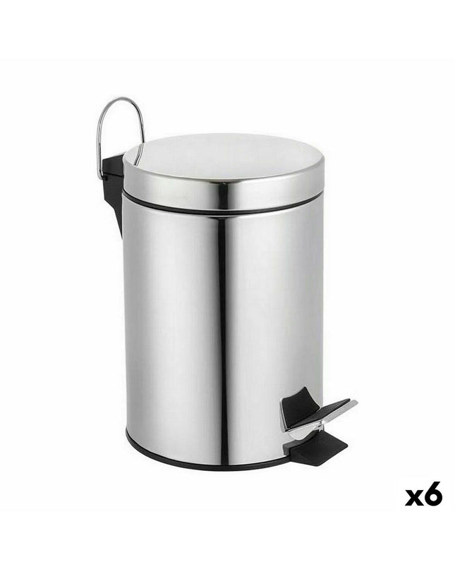 Set of six silver Confortime 3L pedal trash cans with lids, ideal for house and kitchen storage and organization.