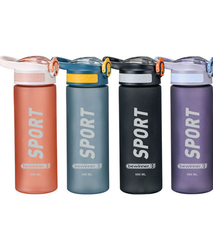 Set of 12 Bewinner 600 ml water bottles for sports, outdoor, camping, and hiking, with blue caps and transparent body.