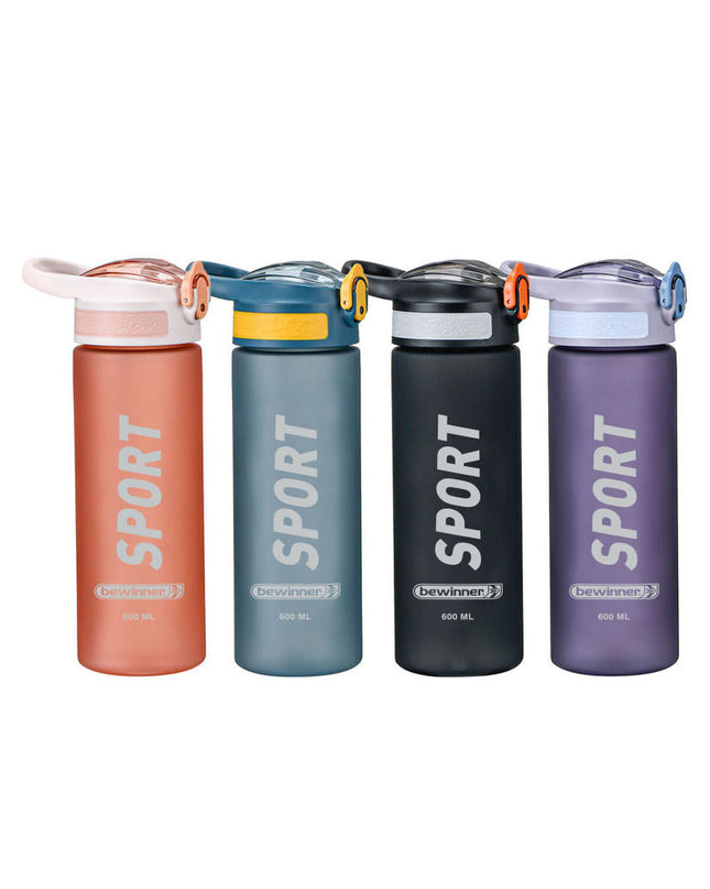 Set of 12 Bewinner 600 ml water bottles for sports, outdoor, camping, and hiking, with blue caps and transparent body.