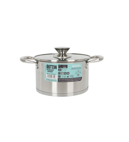 Set of six Quttin 2.8L stainless steel pots with glass lids, suitable for home cooking and kitchen use.