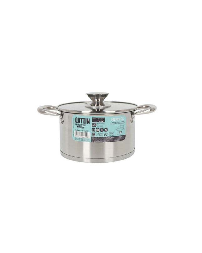 Set of six Quttin 2.8L stainless steel pots with glass lids, suitable for home cooking and kitchen use.