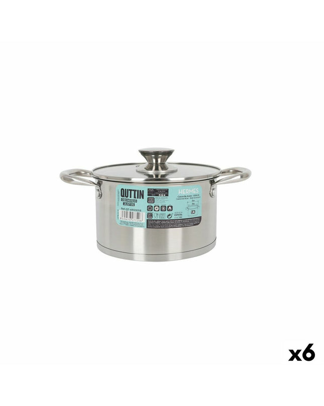 Set of six Quttin Hermes steel pots with glass lids, 2.8 L capacity, ideal for cooking and kitchen use.
