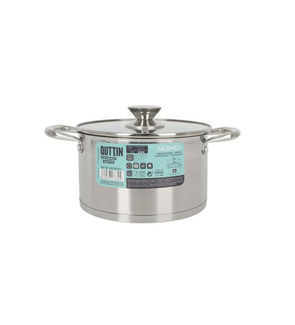 Set of four Quttin 3L stainless steel pots with glass lids, ideal for home cooking and kitchen use.