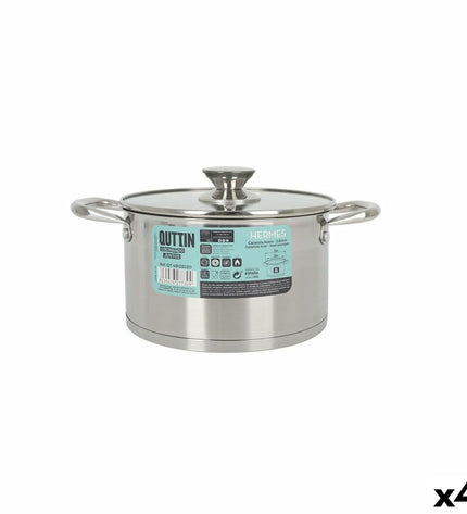 Set of four Quttin stainless steel pots with glass lids, 3 L capacity, ideal for kitchen cooking and household use.
