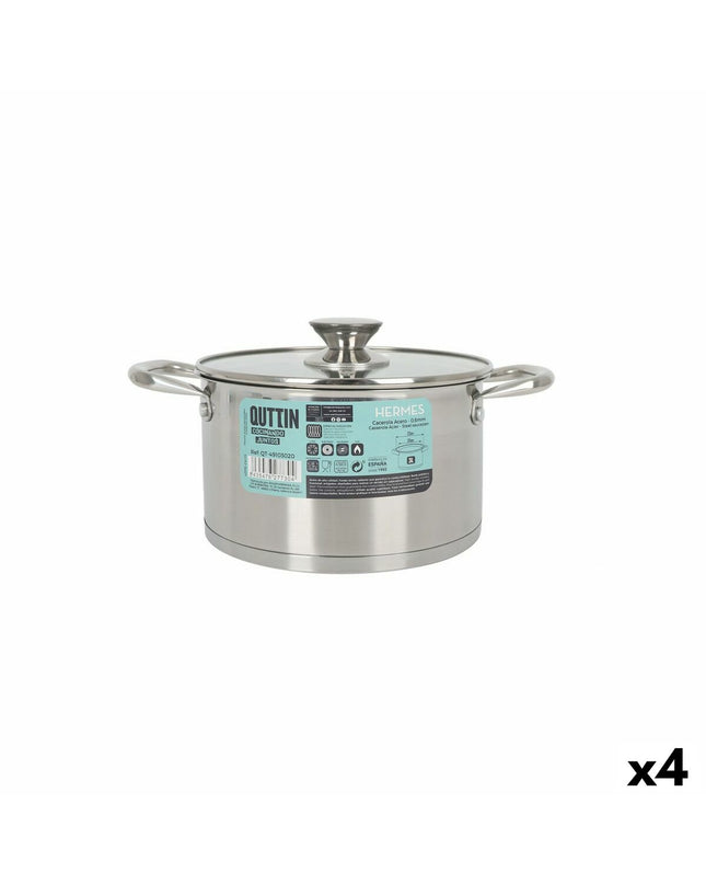 Set of four Quttin stainless steel pots with glass lids, 3 L capacity, ideal for kitchen cooking and household use.