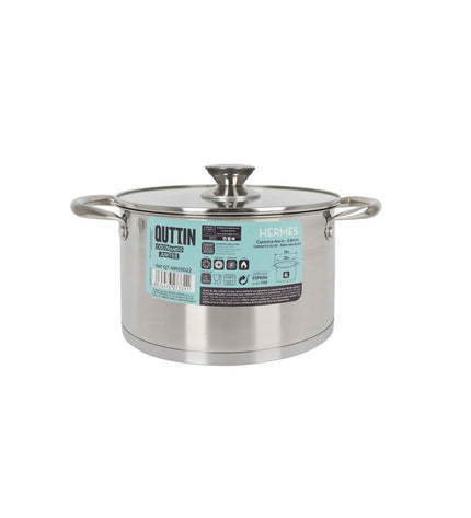 Set of four Quttin stainless steel pots with glass lids, 4L capacity, suitable for home cooking and kitchen use.