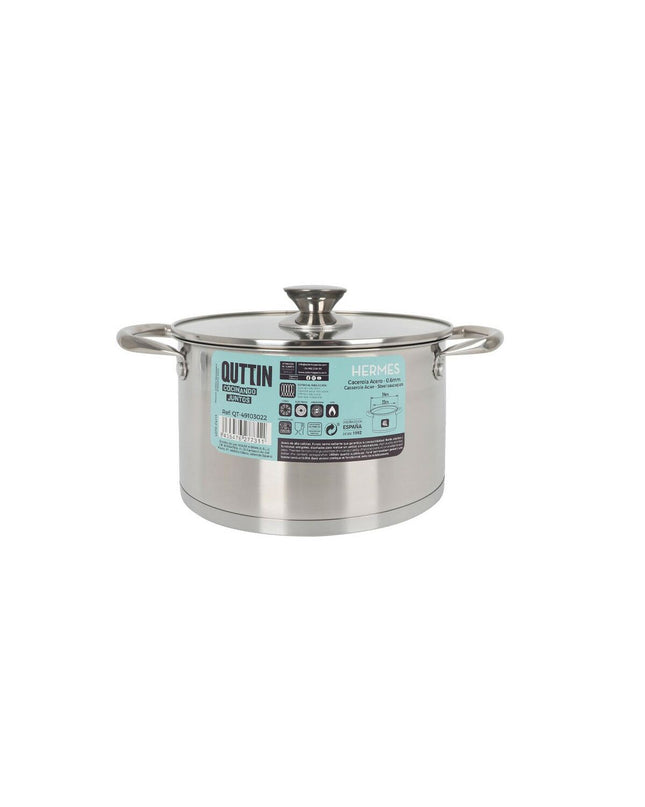 Set of four Quttin stainless steel pots with glass lids, 4L capacity, suitable for home cooking and kitchen use.