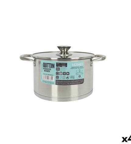 Set of four Quttin stainless steel pots with glass lids, 4L capacity, ideal for home cooking and kitchen use.