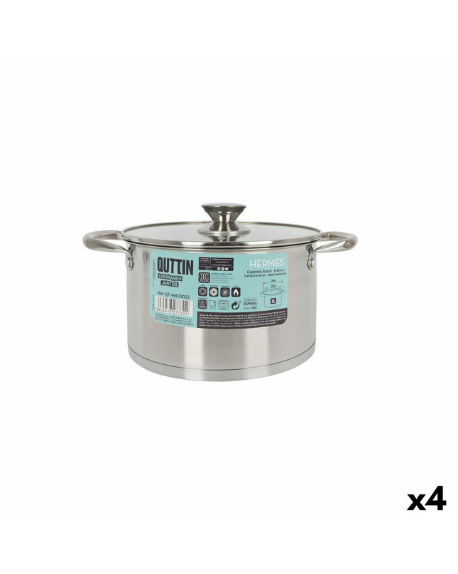 Set of four Quttin stainless steel pots with glass lids, 4L capacity, ideal for home cooking and kitchen use.
