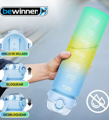 Set of 12 Bewinner multicolour 800ml water bottles for sports, outdoor, camping, and hiking, showing colorful bottles with black caps.