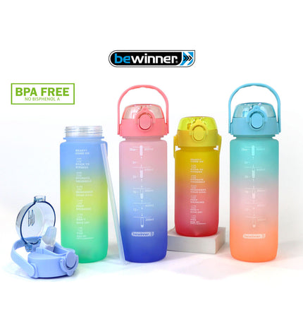 Set of 12 Bewinner multicolour 800ml water bottles for sports, outdoor activities, camping, and hiking, with colorful designs.