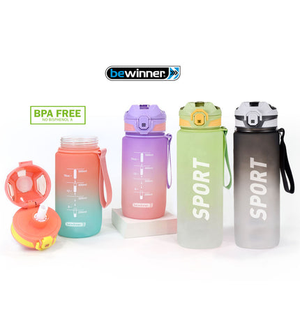 Set of 12 Bewinner multicolour 600ml water bottles for sport, outdoor, camping, and hiking, featuring 7.4x7.4x19 cm size.