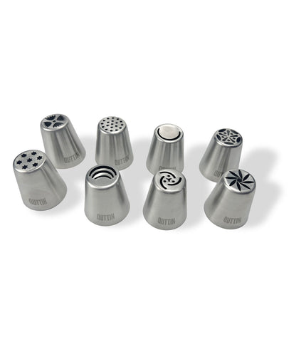 Quttin XL piping tips for piping bags, set of 48, used in baking and home cooking for decorating cakes and pastries.