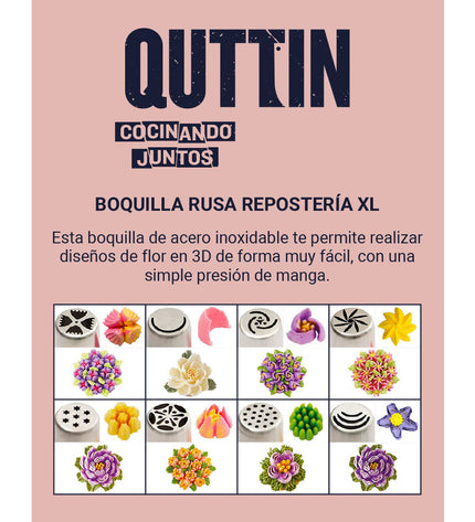 Quttin XL piping tips for pastry bags, set of 48, used in baking and home cooking, shown arranged on a kitchen surface.