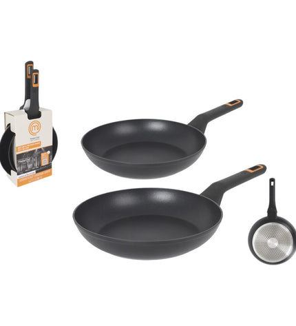 Set of four MasterChef non-stick pans with 2.5mm thickness, ideal for home cooking and kitchen use.