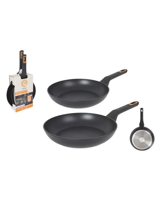 Set of four MasterChef non-stick pans with 2.5mm thickness, ideal for home cooking and kitchen use.