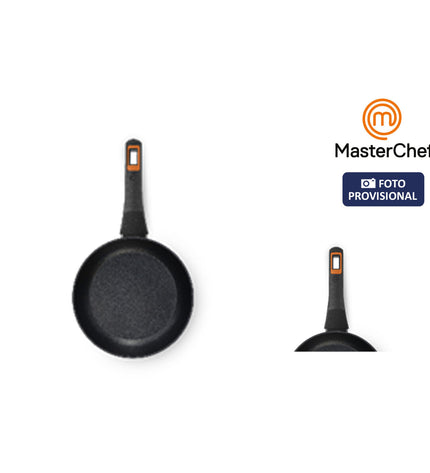 Set of four MasterChef cookware pans with 2.5 mm thickness, kitchen and cooking utensils, arranged on a kitchen countertop.
