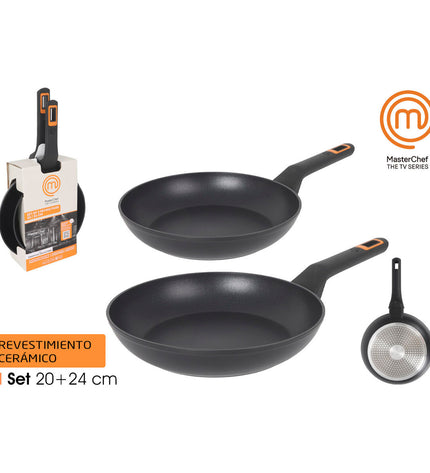 Set of four MasterChef cookware pans with 2.5mm thickness, ideal for home cooking and kitchen use.