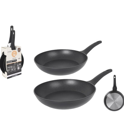 Set of four MasterChef cookware pans including 24cm and 20cm sizes, with stainless steel handles, on a plain background.