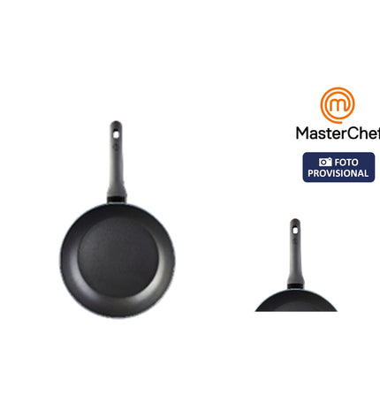 Set of four MasterChef cookware pans including 24 cm and 20 cm sizes, shown in a kitchen setting.