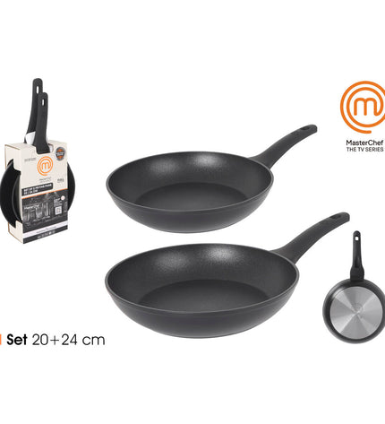 Set of four MasterChef cookware pans including 24 cm and 20 cm sizes, suitable for home cooking and kitchen use.