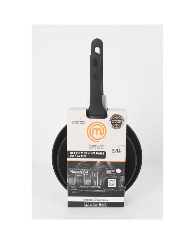 Set of four MasterChef kitchen pans including 24 cm and 20 cm sizes, perfect for home cooking and versatile kitchen use.